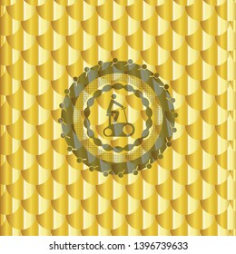 stationary bike icon inside gold emblem. Scales pattern. Vector Illustration. Detailed.