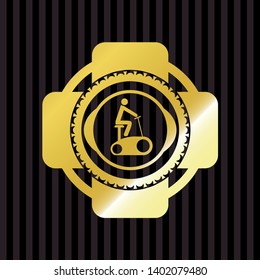 stationary bike icon inside gold badge or emblem