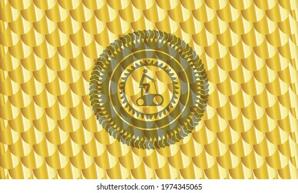 stationary bike icon inside gold badge. Scales pattern. Vector Illustration. Detailed. 