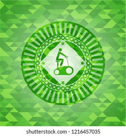 stationary bike icon inside green emblem with mosaic background