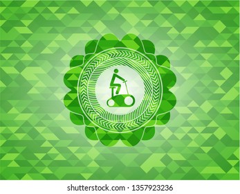 stationary bike icon inside green emblem with triangle mosaic background