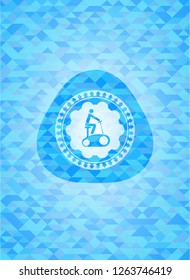 stationary bike icon inside light blue mosaic emblem