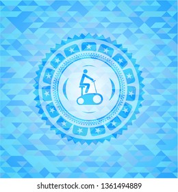 stationary bike icon inside realistic light blue emblem. Mosaic background
