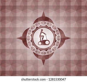 stationary bike icon inside red seamless emblem or badge with geometric pattern background.