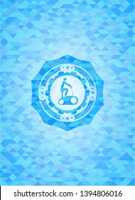 stationary bike icon inside sky blue emblem with mosaic background