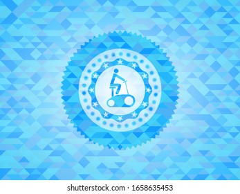 stationary bike icon inside sky blue emblem. Mosaic background