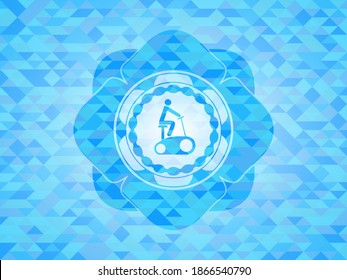 stationary bike icon inside sky blue mosaic emblem. 