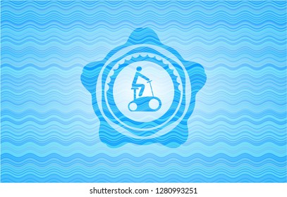 stationary bike icon inside water wave concept badge.