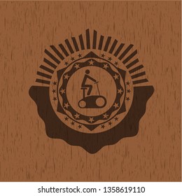 stationary bike icon inside wooden emblem. Retro