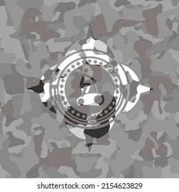 stationary bike icon on grey camo pattern. 