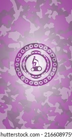stationary bike icon on pink and purple camo pattern. 