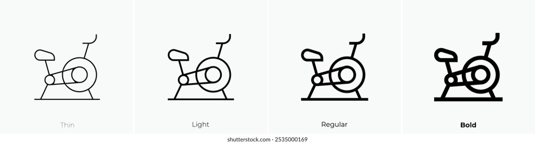 ícone de bicicleta estacionária. Design fino, leve, regular e negrito, isolado no fundo branco