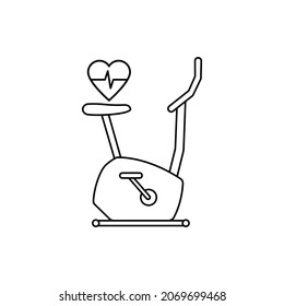 Stationary bike line icon with heart and heartline. Health, sport and equipment, exercise bicycle sign. Linear outline vector illustration and clipart on a white background.