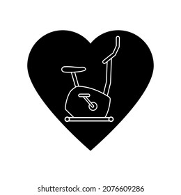 Stationary bike line icon with heart. Health, sport and equipment, exercise bicycle sign. Linear outline vector illustration and clipart on a white background.