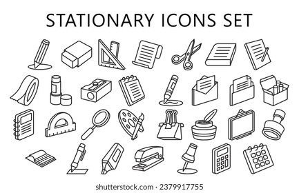 paquete de iconos de contorno negro estacionario, contiene libro, calculadora, borrador, equipo de oficina y más. uso para el concepto moderno, mejor para el kit de interfaz de usuario o UX, desarrollo de aplicaciones y web. vector EPS 10.