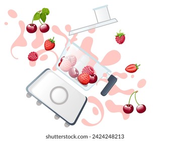 Stationary blender with fresh berries household electrical kitchen equipment for blending and mixing vector illustration isolated on white background