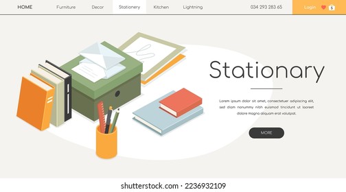 Stationary and books - line design style isometric web banner on white background with copy space for text. A header with office tools. A box with things, a glass with a ruler and a pencil, letters