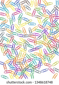 Stationary bright paper clips isolated on white vector background. Purple, cyan blue, green, orange paperclips memo note and documents staple attach tools illustration. Plastic paperclips pile.