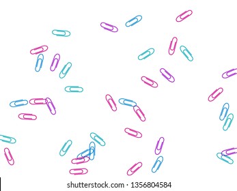 Stationary bright paper clips isolated on white vector background. Pink crimson, blue, purple paperclips memo note and documents staple attach tools illustration. Plastic paperclips backdrop.