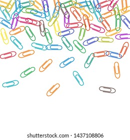 Stationary bright paper clips isolated on white vector background. Purple, cyan blue, green, orange paperclips memo note and documents staple attach tools illustration. Simple plastic paperclips.