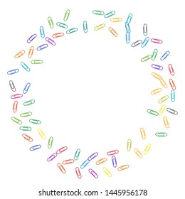 Stationary bright paper clips isolated on white vector background. Pink red, blue, green, orange paperclips memo note and documents staple attach tools illustration. Plastic paperclips pile.