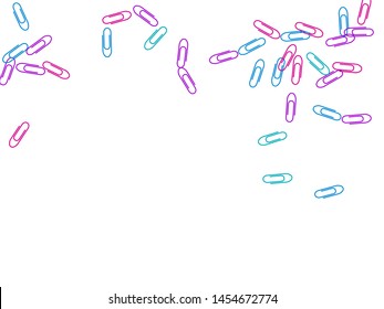 Stationary bright paper clips isolated on white vector background. Pink, blue, violet paperclips memo note and documents staple attach tools illustration. Simple plastic paperclips.