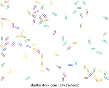 Stationary bright paper clips isolated on white vector background. Pink red, blue, green, orange paperclips memo note and documents staple attach tools illustration. Simple plastic paperclips.