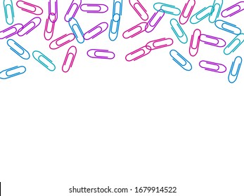 Stationary bright paper clips isolated on white vector background. Magenta pink, blue, purple paperclips memo note and documents staple attach tools illustration. Plastic paperclips pile.