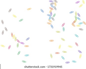 Stationary bright paper clips isolated on white vector background. Rainbow colors and metal paperclips memo note and documents staple attach tools illustration. Plastic paperclips pile.