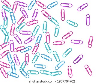 Stationary bright paper clips isolated on white vector background. Pink crimson, blue, purple paperclips memo note and documents staple attach tools illustration. Plastic paperclips pile.