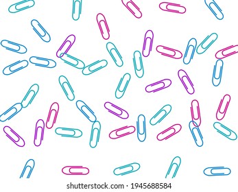 Stationary bright paper clips isolated on white vector background. Pink, blue, purple paperclips memo note and documents staple attach tools illustration. Plastic paperclips pile.