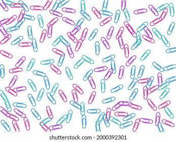 Stationary bright paper clips isolated on white vector background. Pink, blue, violet paperclips memo note and documents staple attach tools illustration. Simple plastic paperclips.