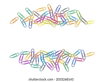 Stationary bright paper clips isolated on white vector background. Pink red, blue, green, orange paperclips memo note and documents staple attach tools illustration. Plastic paperclips pile.