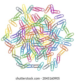 Stationary bright paper clips isolated on white vector background. Pink red, blue, green, orange paperclips memo note and documents staple attach tools illustration. Plastic paperclips top view.