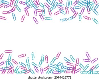 Stationary bright paper clips isolated on white vector background. Magenta, blue, purple paperclips memo note and documents staple attach tools illustration. Plastic paperclips top view.