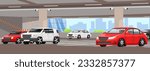 Stationary carparking. Rent garage parking. Automobile infrastructure. Transport zone. Place with number of auto. Concept of urban city parking. Concrete building. Vector illustration