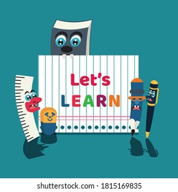 Stationary characters and lets learn lettering vector illustration