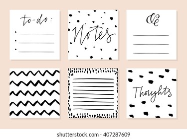 Stationary collection of vector card and stickers templates. Artistic background with dots, splotches and lines for print and web projects. Modern calligraphy and hand lettering. Creative paper design