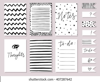 Stationary collection of vector card and stickers templates. Artistic background with dots, splotches and lines for print and web projects. Modern calligraphy and hand lettering. Creative paper design