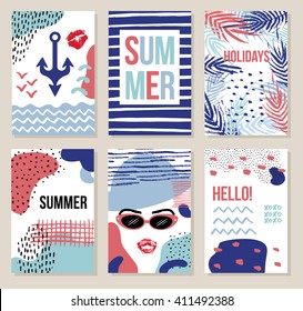 Stationary collection of vector summer card templates for your design. Hand drawn artistic background with dots, splotches and lines for print and web projects. Modern creative paper design.