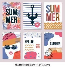 Stationary collection of vector summer card templates for your design. Hand drawn artistic background with dots, splotches and lines for print and web projects. Modern creative paper design.