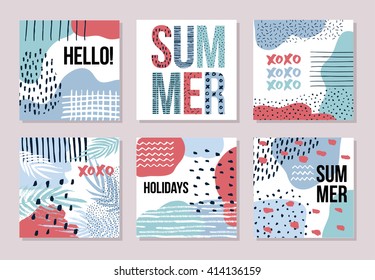 Stationary collection of vector summer card templates for your design. Hand drawn artistic background with dots, splotches and lines for print and web projects. Modern creative paper design.