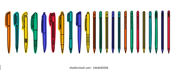 Stationary collections. Colored pens and pencils on white background. Outline vector illustration