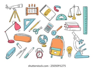 Stationary colored contour doodle set best for studying. Collection of sketchy outline drawings isolated on white background. Back to school or university outline stickers