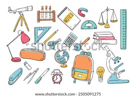 Stationary colored contour doodle set best for studying. Collection of sketchy outline drawings isolated on white background. Back to school or university outline stickers