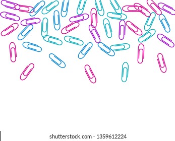Stationary colored paper clips isolated on white vector background. Magenta pink, blue cyan, purple paperclips memo note and documents staple attach tools illustration. Plastic paperclips pile.