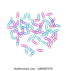 Stationary colored paper clips isolated on white vector background. Pink, blue, violet paperclips memo note and documents staple attach tools illustration. Simple plastic paperclips.
