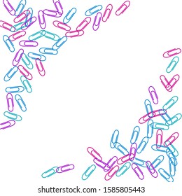 Stationary colored paper clips isolated on white vector background. Pink, cyan blue, violet paperclips memo note and documents staple attach tools illustration. Plastic paperclips backdrop.