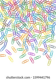 Stationary colored paper clips isolated on white vector background. Rainbow colors paperclips memo note and documents staple attach tools illustration. Simple plastic paperclips.