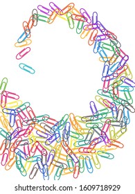 Stationary colored paper clips isolated on white vector background. Pink red, blue, green, orange paperclips memo note and documents staple attach tools illustration. Plastic paperclips backdrop.
